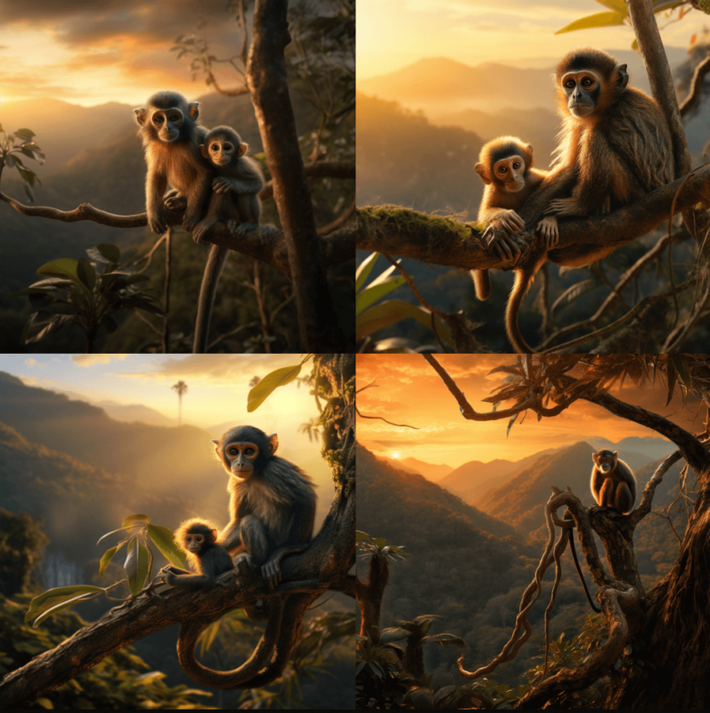 Four different variations of a picture of a spider monkey with its baby on a branch in the rainforest