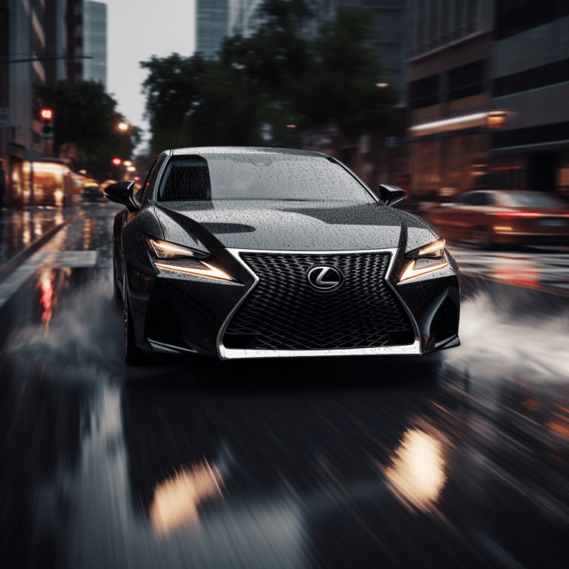 Stylish black Lexus car driving in the rain in a big city