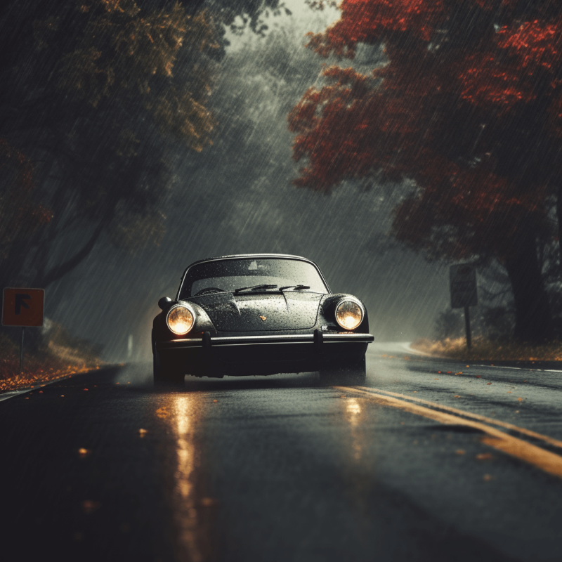 An old car driving on a road surrounded by trees in the rain