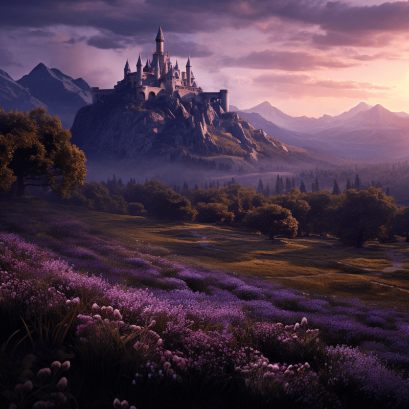 An AI generated image of a meadow with purple flowers with a castle and mountains in the background.