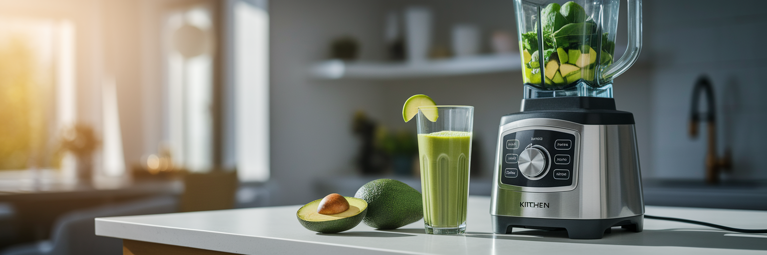 High-speed blender making a green smoothie.