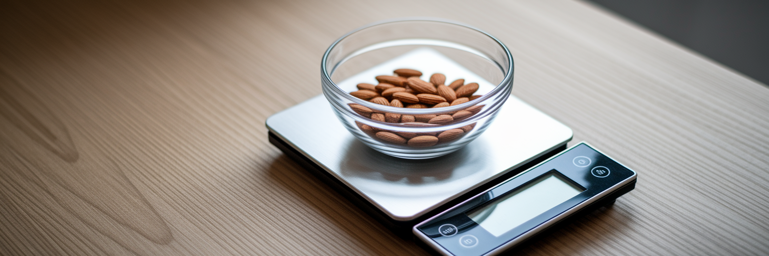 Digital kitchen scale measuring almonds.