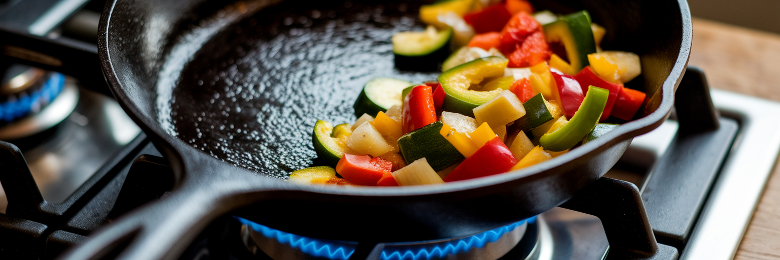 Vegetables sizzling in a cast iron skillet.