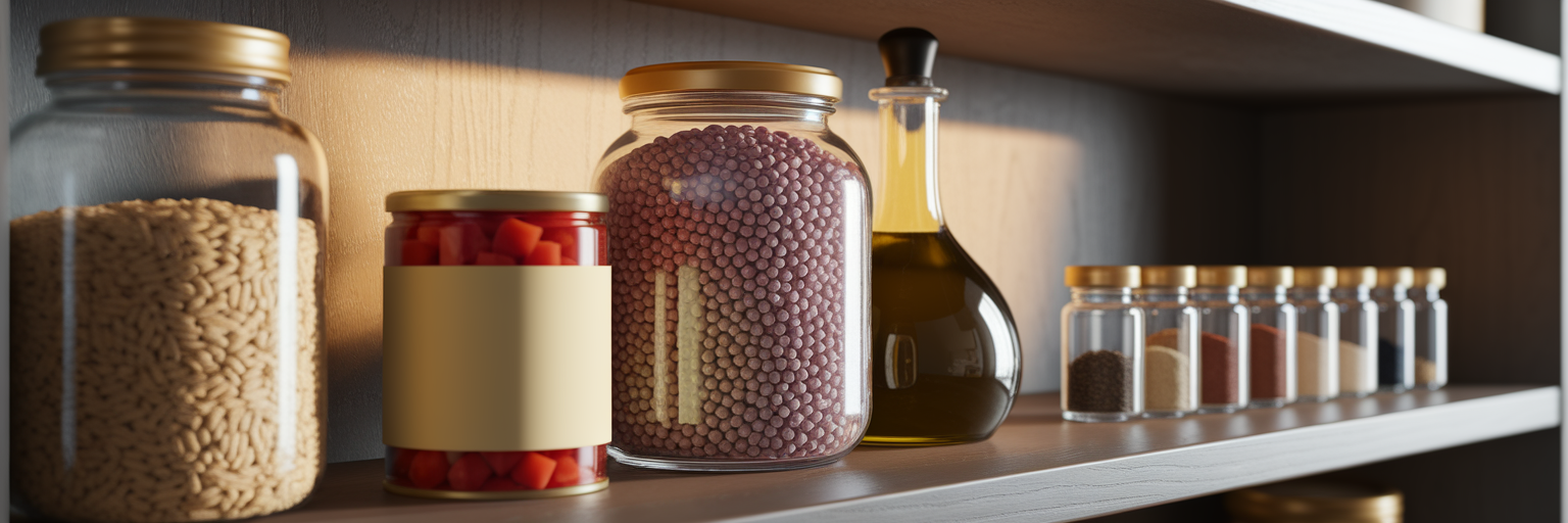 Organized pantry shelf with staples.