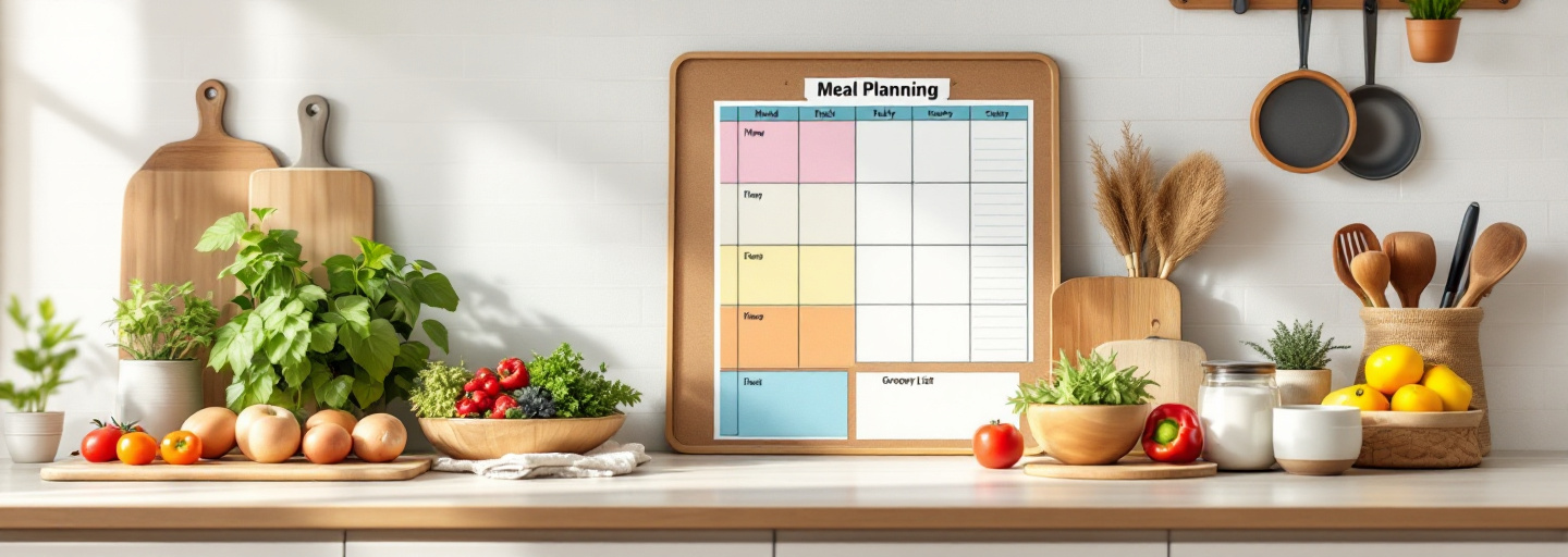 Meal planning board with fresh ingredients.